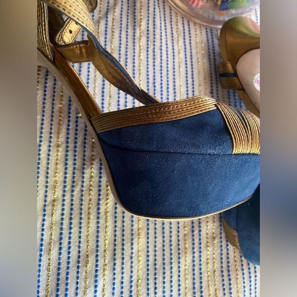 SERGIO ROSSI Bronze and Blue Metallic Platform Sandal Heels Size 39 - Picture 10 of 14